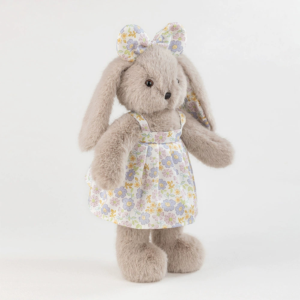 Grey Rabbit Doll – Plush Bunny in a Cotton Floral Dress, 35 cm, Ages 3+