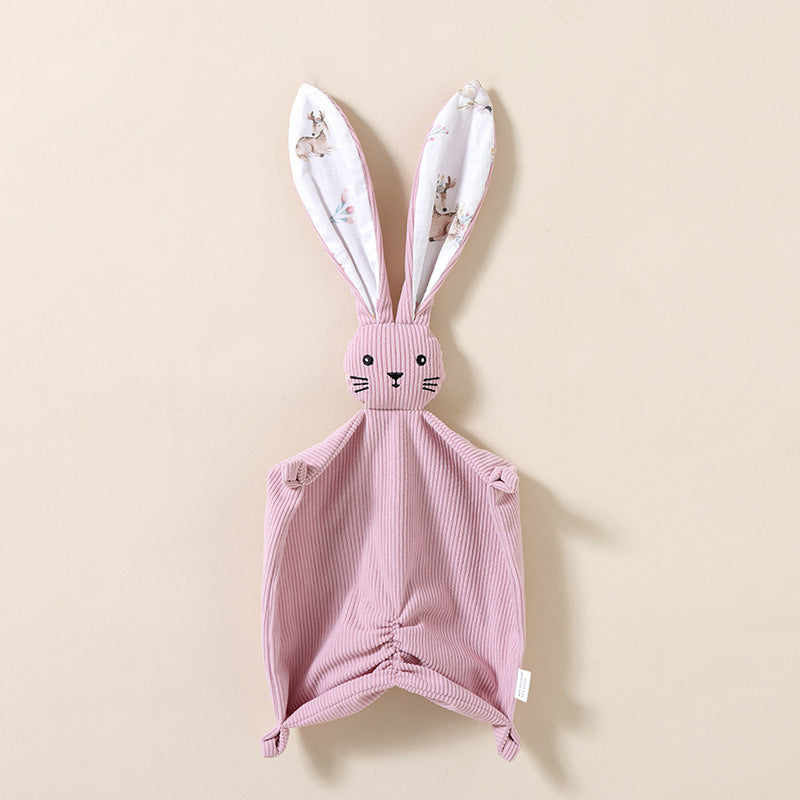 Corduroy bunny baby comforter with long floppy ears and embroidered face – Pink