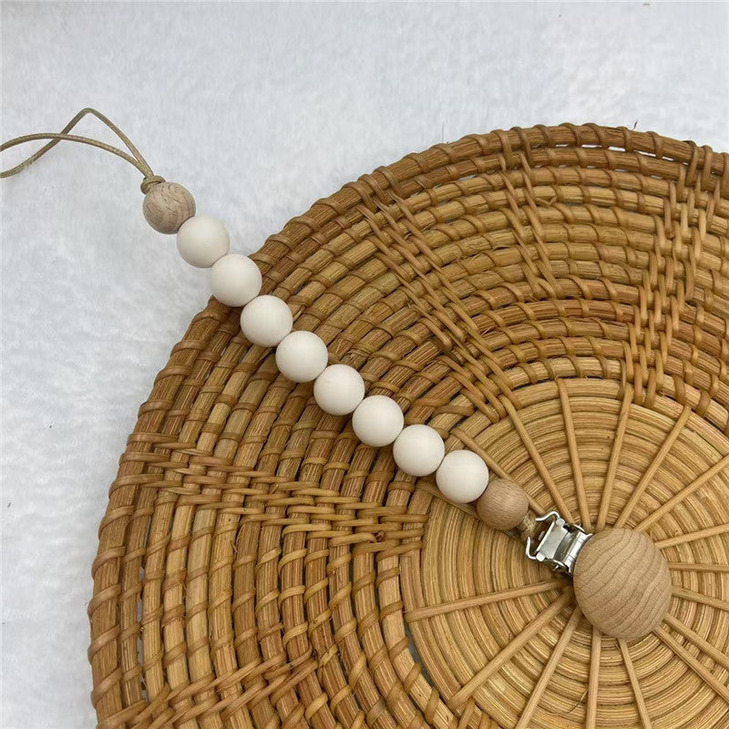 Cream silicone and beech beaded dummy clip