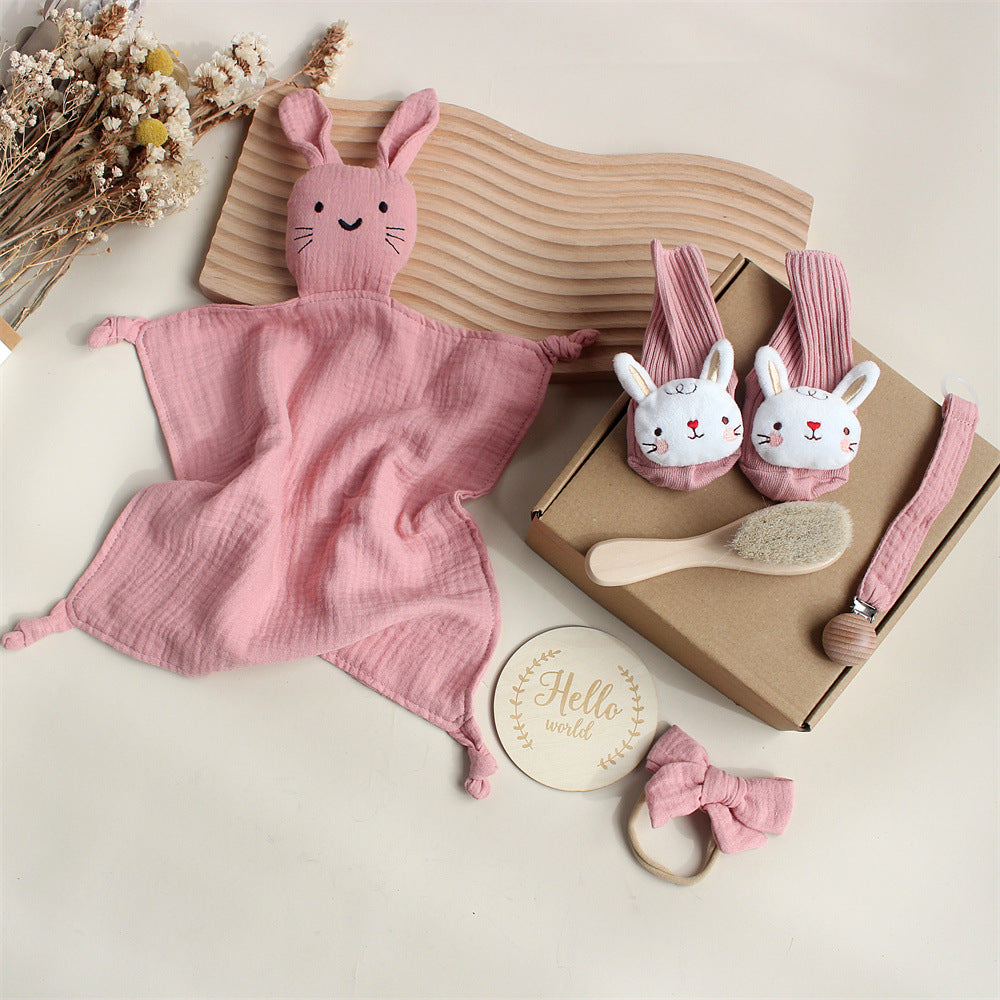 Dusty Pink Cat boxed newborn gift set with comforter, bib and socks
