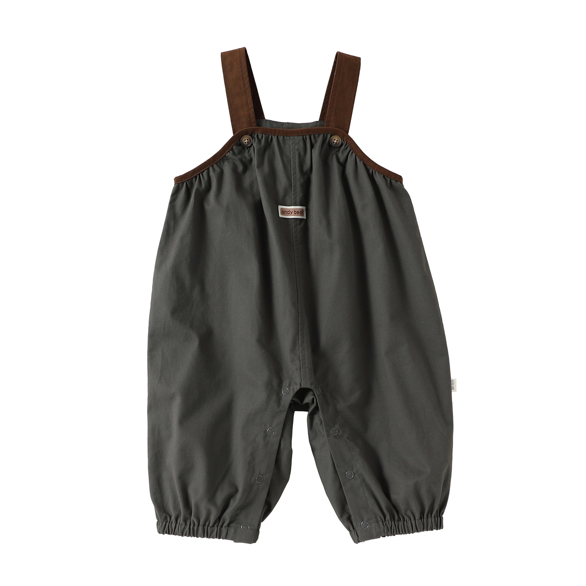 Grey cotton baby dungarees with adjustable straps, flat lay