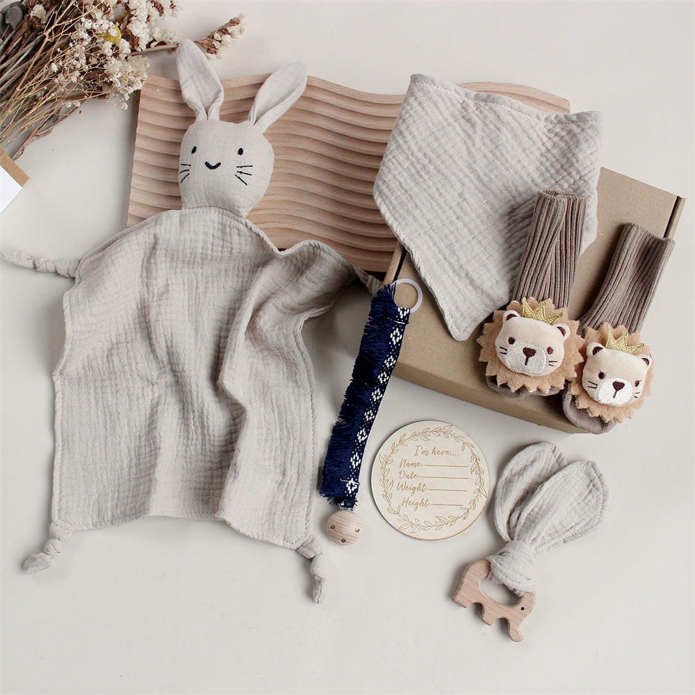 Khaki Cat boxed newborn gift set with comforter, bib and socks