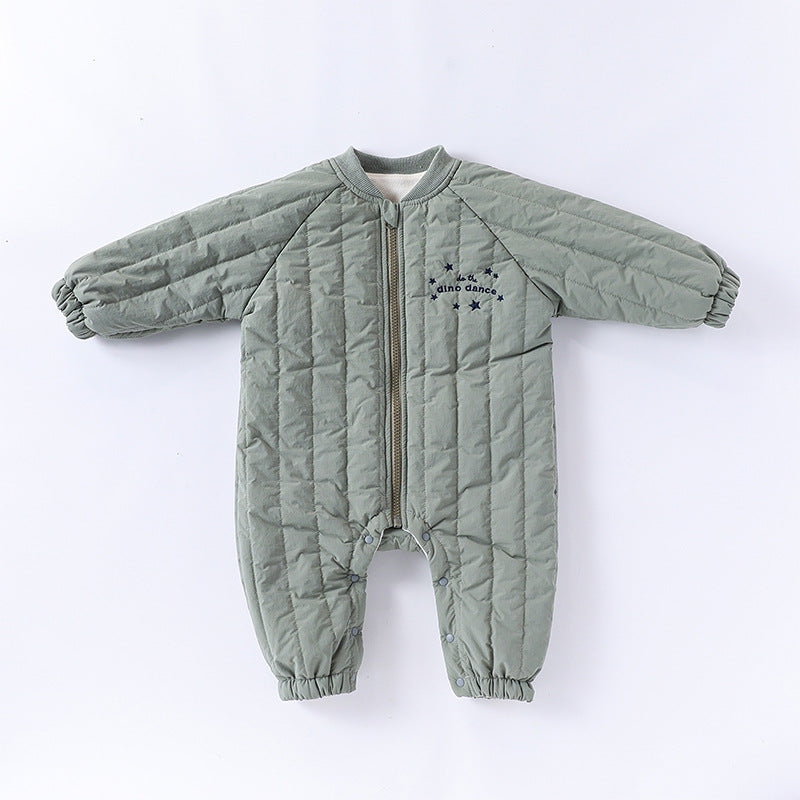 Sage Dinosaur embroidered padded baby snowsuit with full length zip
