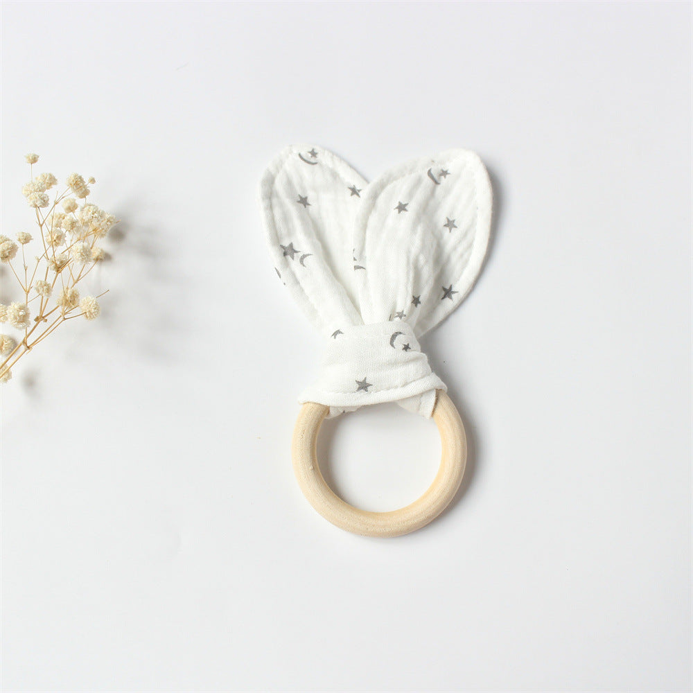 Star and Moon wooden teething ring with cotton gauze bunny ears