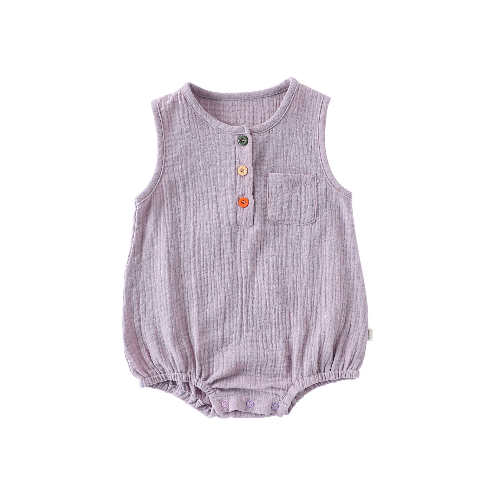 Purple sleeveless cotton baby bodysuit, flat lay