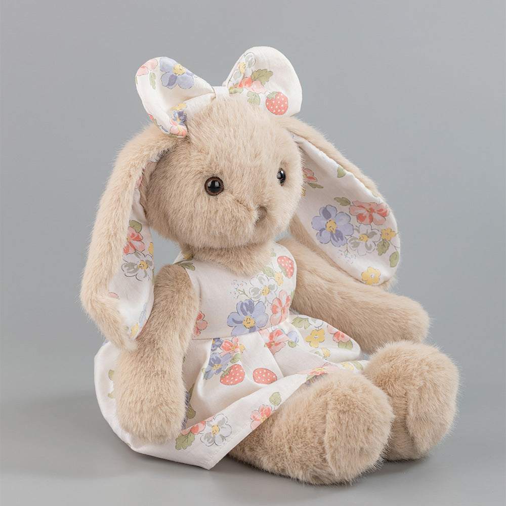 Beige Rabbit Doll – Plush Bunny in a Cotton Strawberry Dress, 35 cm, Ages 3+