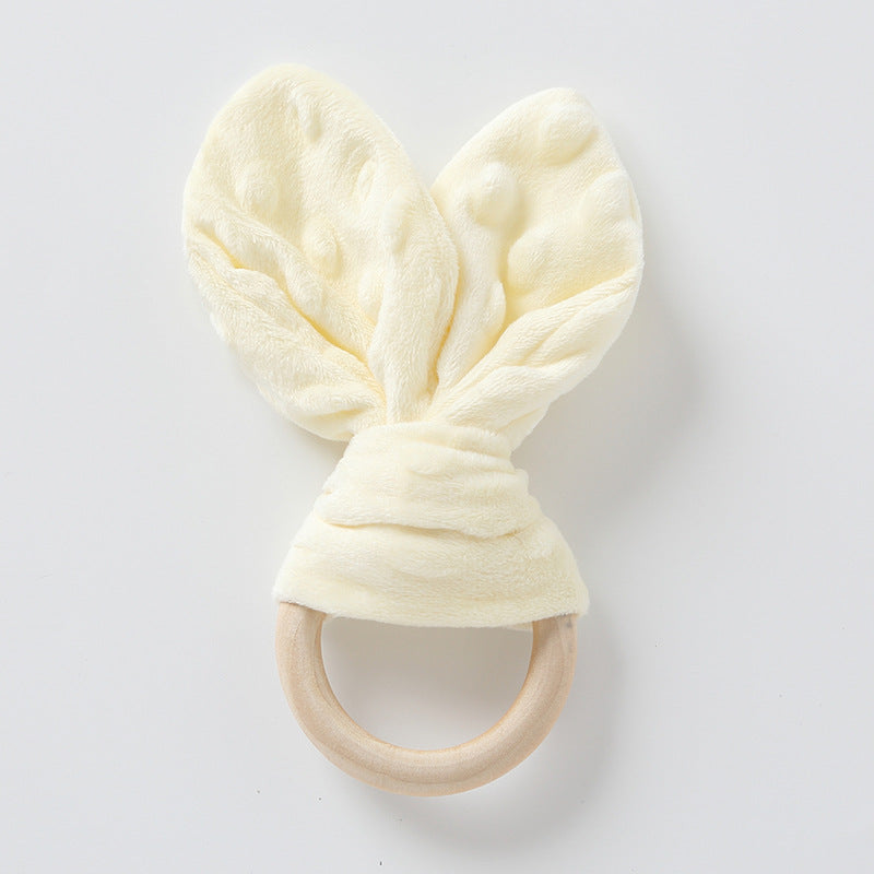 Pale Yellow bunny ear plush baby comforter with wooden ring
