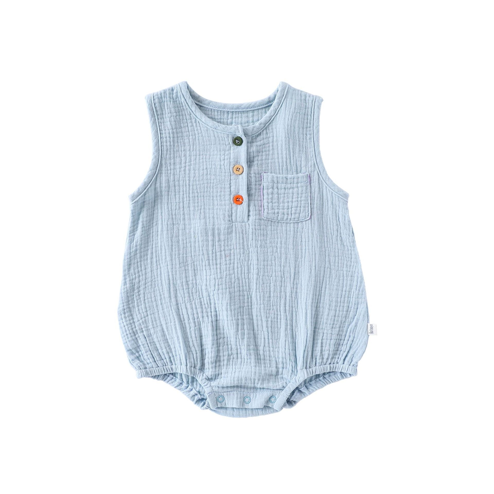 Blue sleeveless cotton baby bodysuit, flat lay