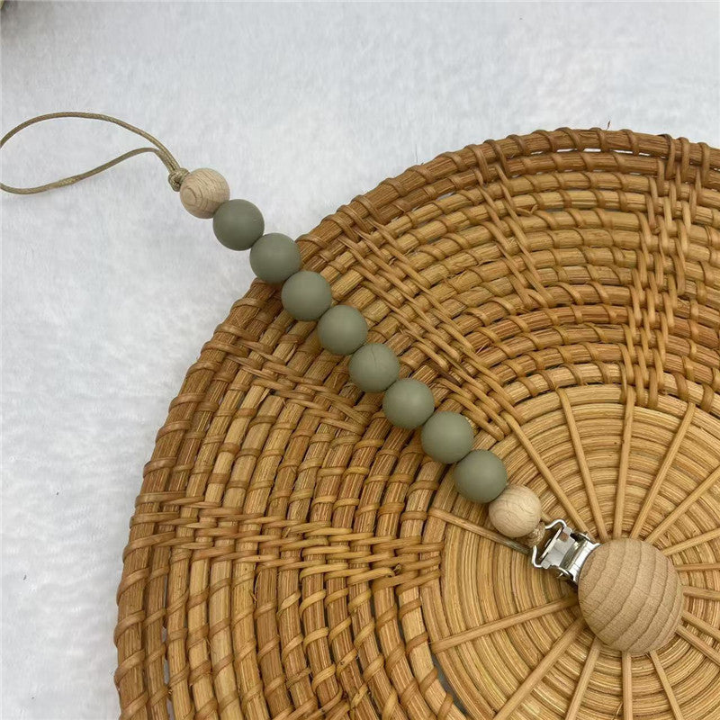 Pea Green silicone and beech beaded dummy clip