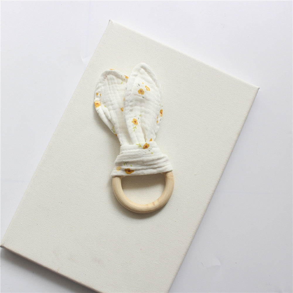Ditsy Floral wooden teething ring with cotton gauze bunny ears