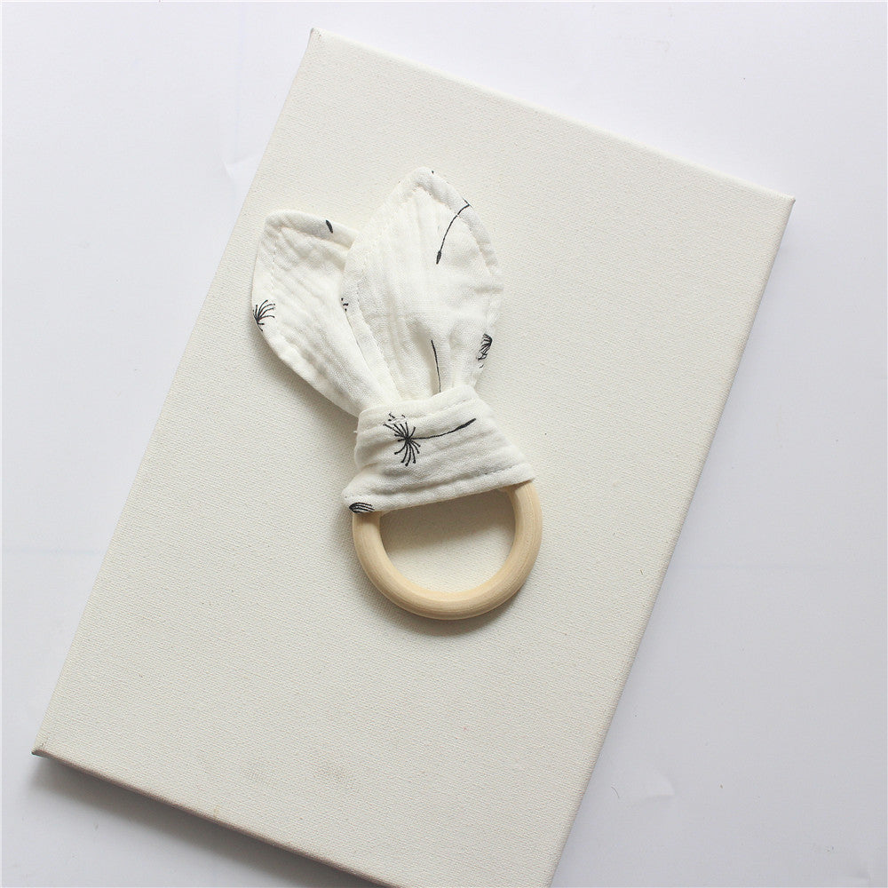 Dandelion wooden teething ring with cotton gauze bunny ears