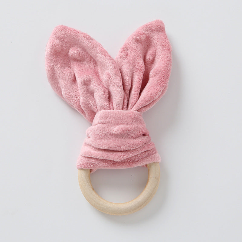 Peach Pink bunny ear plush baby comforter with wooden ring