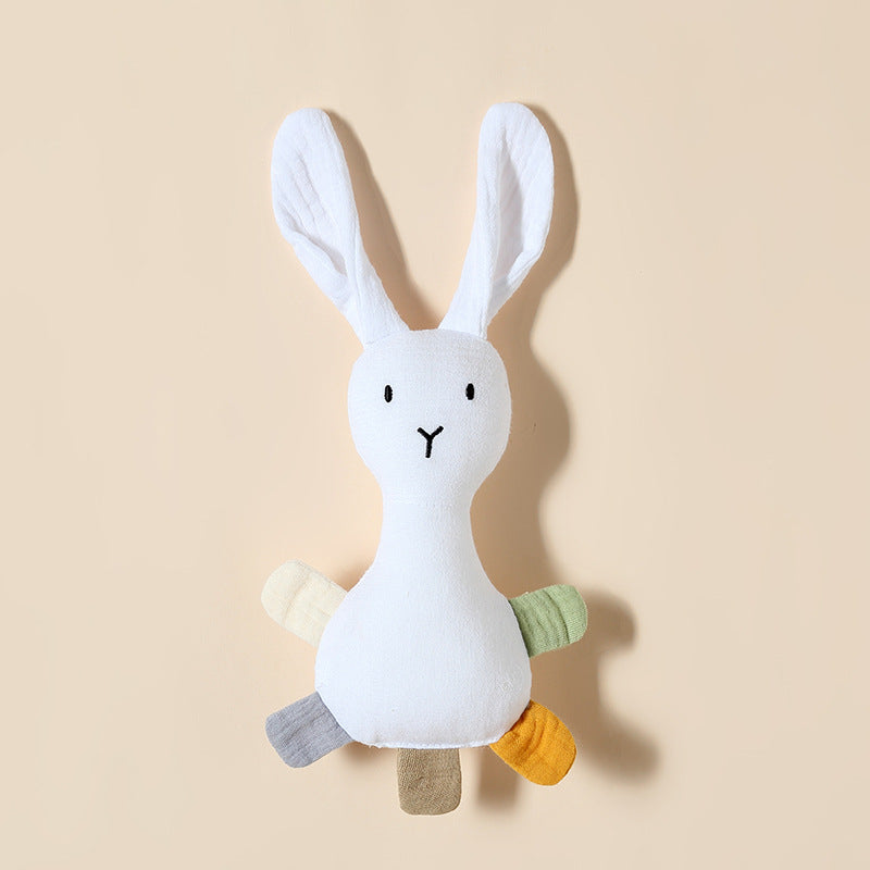 White bunny baby comforter with sewn-in rattle in cotton