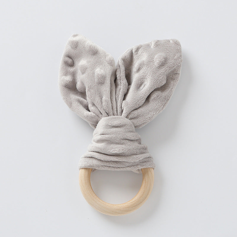 Light Grey bunny ear plush baby comforter with wooden ring