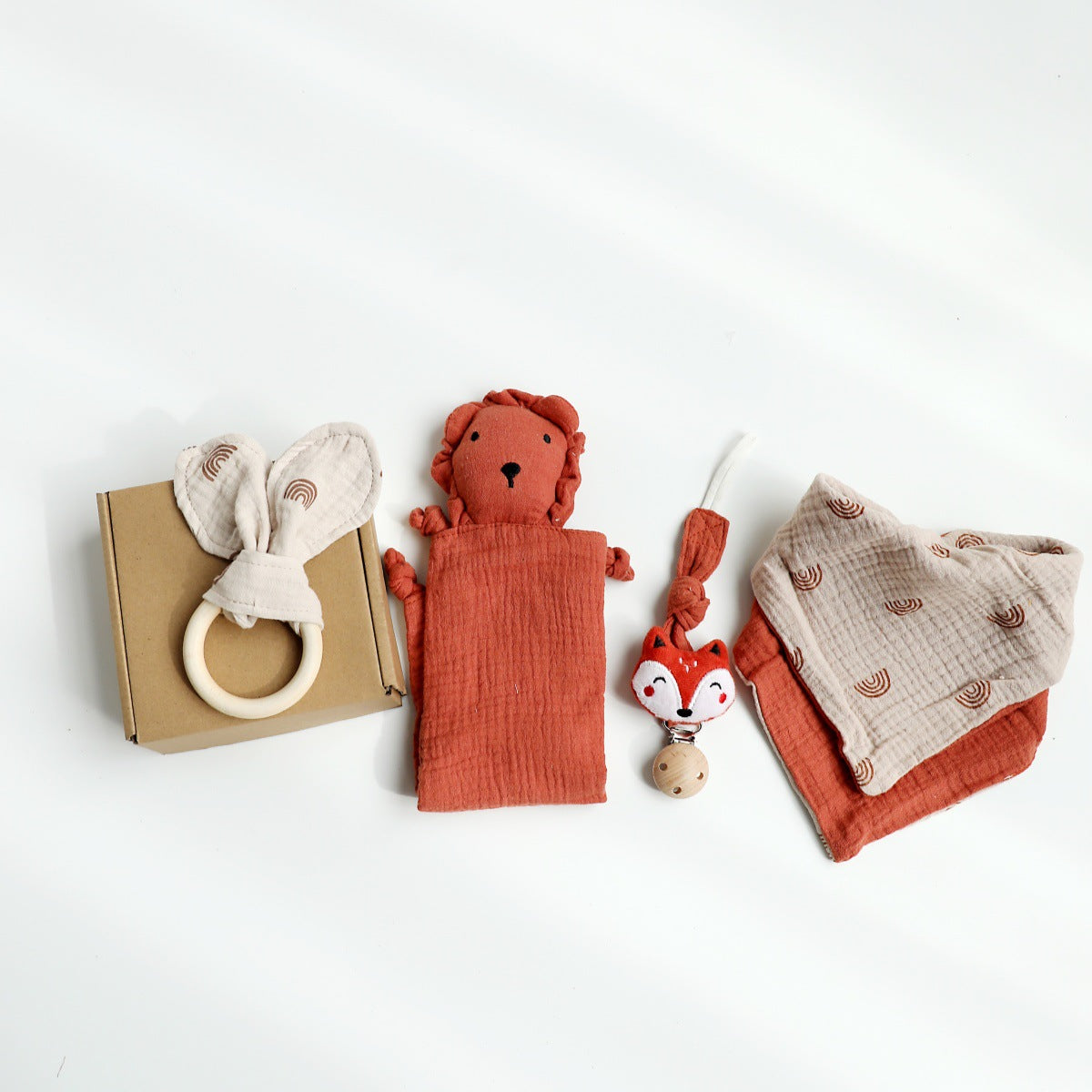 Brick Red Lion boxed newborn gift set with comforter and bandana bib