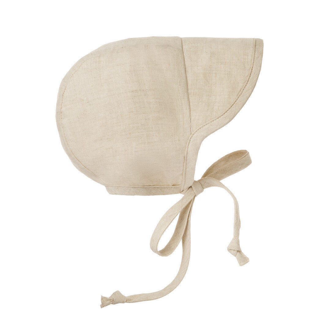 Natural Linen baby bonnet with short brim and chin ties