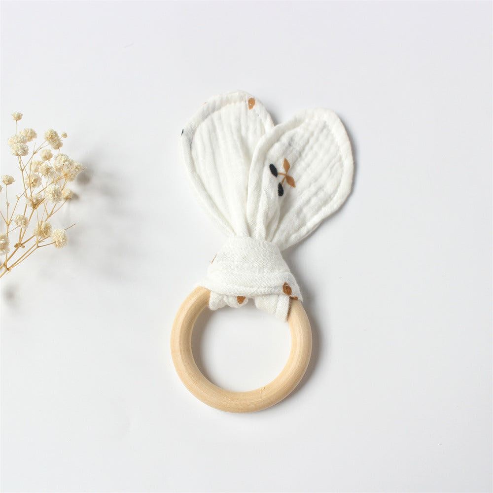 Black Cherry wooden teething ring with cotton gauze bunny ears