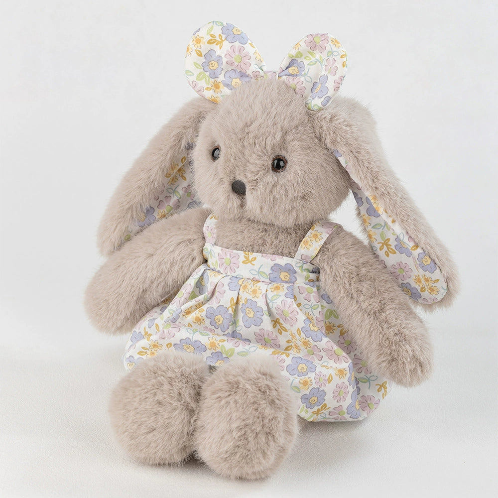Grey Rabbit Doll – Plush Bunny in a Cotton Floral Dress, 35 cm, Ages 3+