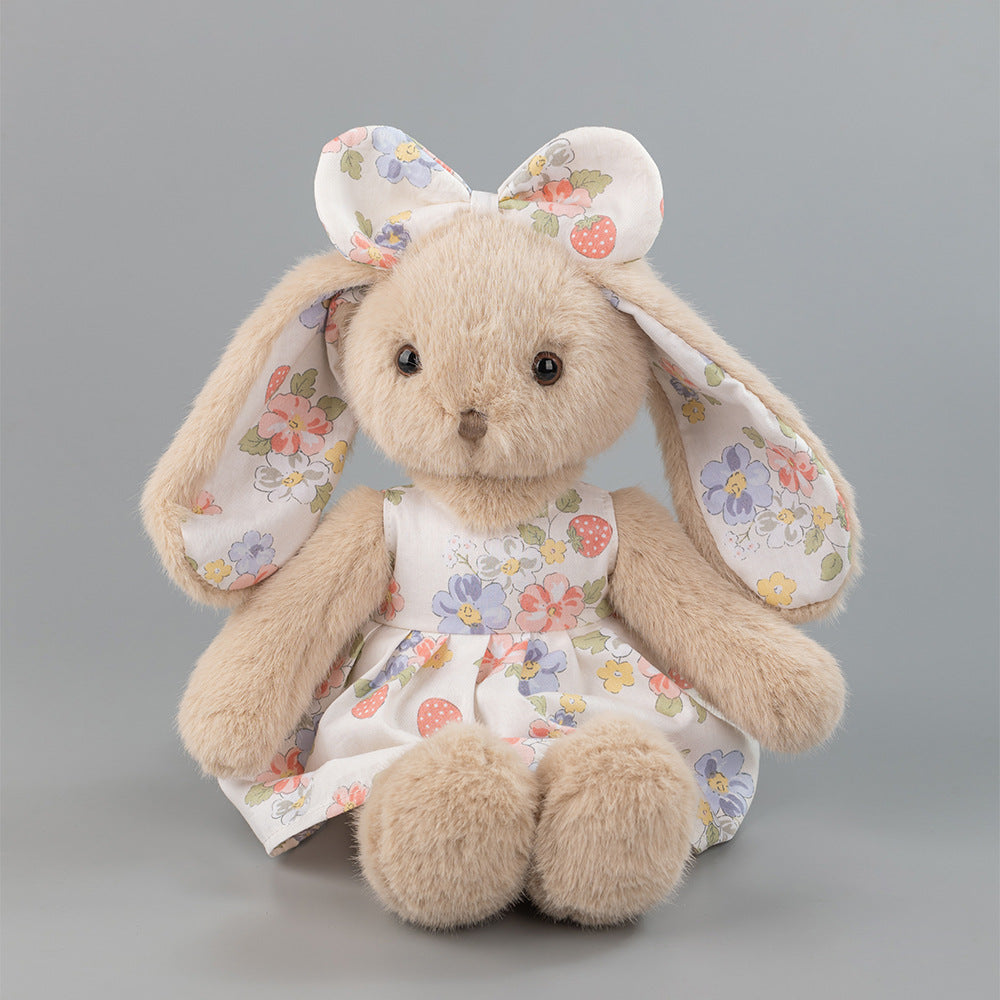 Beige Rabbit Doll – Plush Bunny in a Cotton Strawberry Dress, 35 cm, Ages 3+