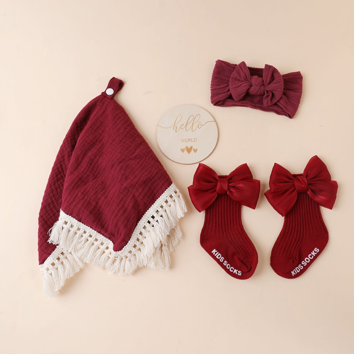 Wine Red boxed newborn gift set with tassel comforter, socks and brush