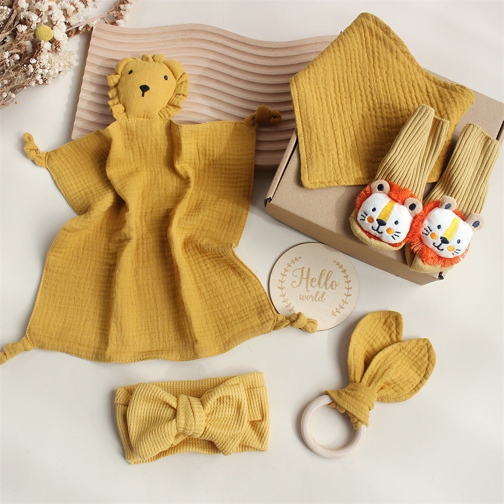 Mustard Lion boxed newborn gift set with comforter, bib and socks