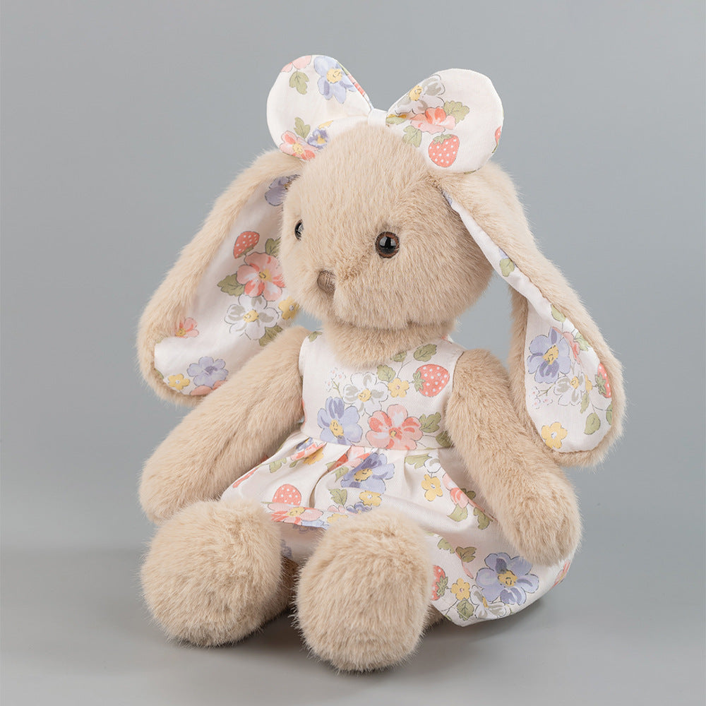 Beige Rabbit Doll – Plush Bunny in a Cotton Strawberry Dress, 35 cm, Ages 3+