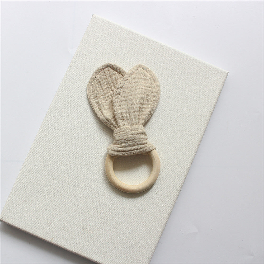 Khaki wooden teething ring with cotton gauze bunny ears