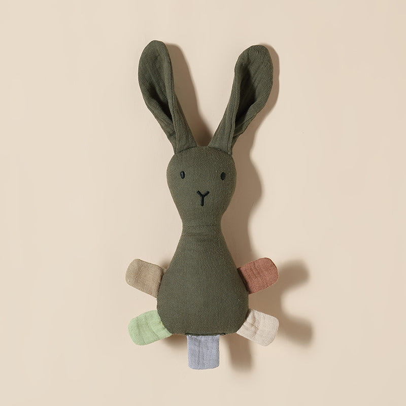 Olive Green bunny baby comforter with sewn-in rattle in cotton