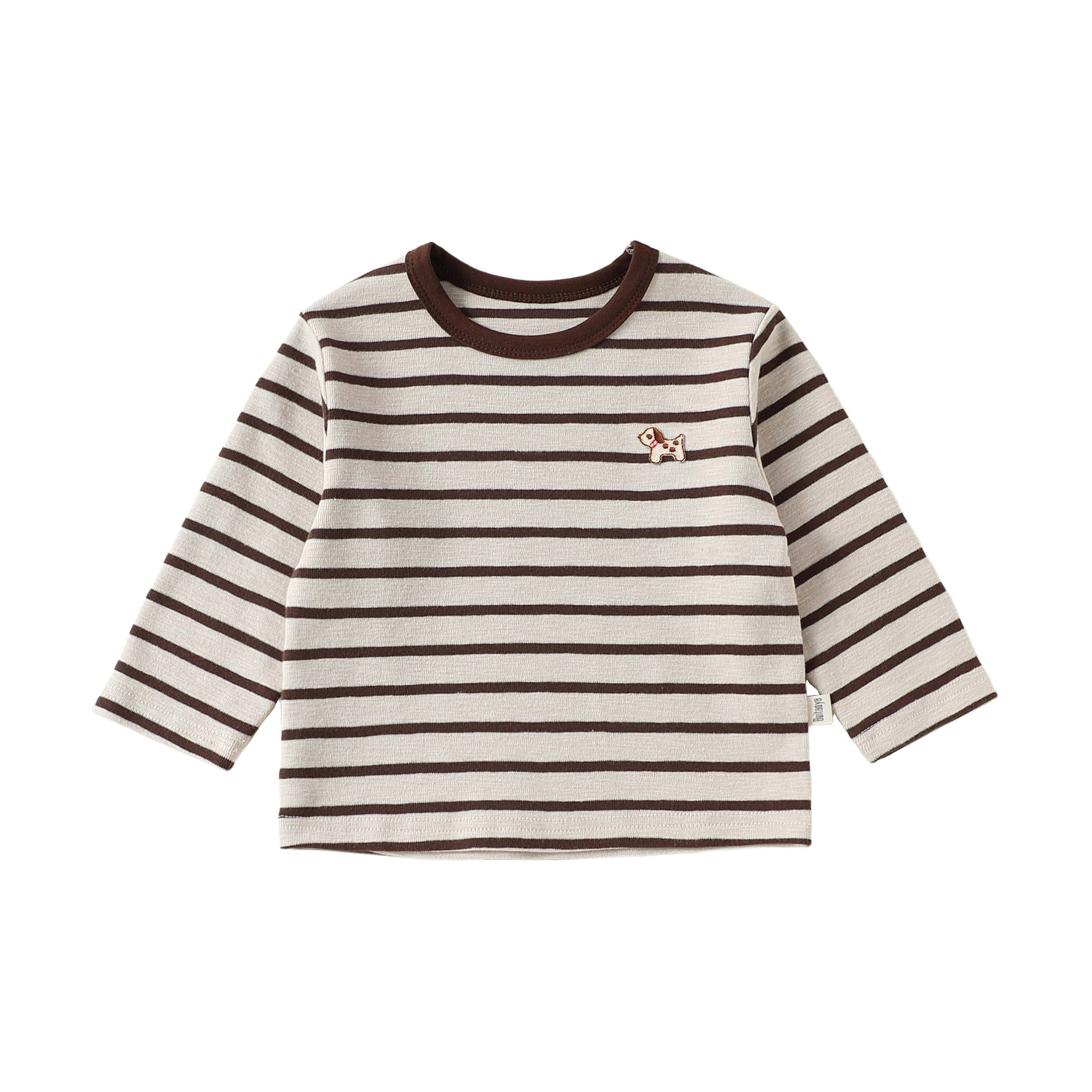 Brown Puppy Stripe cotton baby dungarees with adjustable straps, flat lay