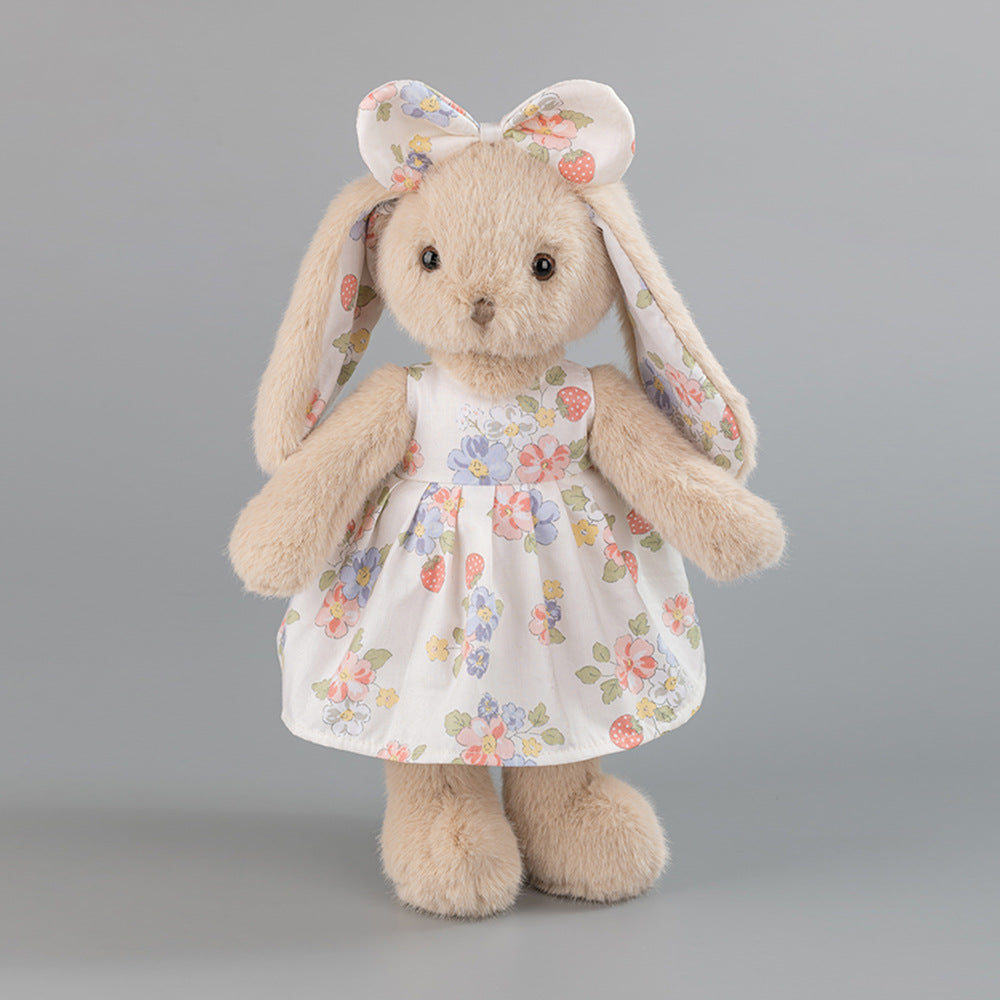 Beige Rabbit Doll – Plush Bunny in a Cotton Strawberry Dress, 35 cm, Ages 3+