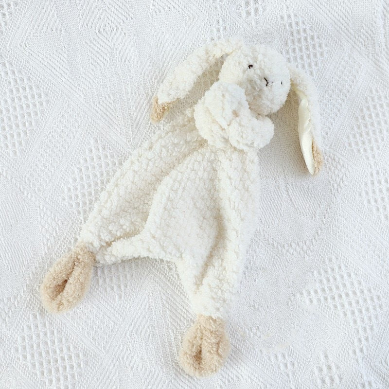Baby comforter with plush bunny, bear or puppy head on a small comforter blanket – Style A, Beige Bunny