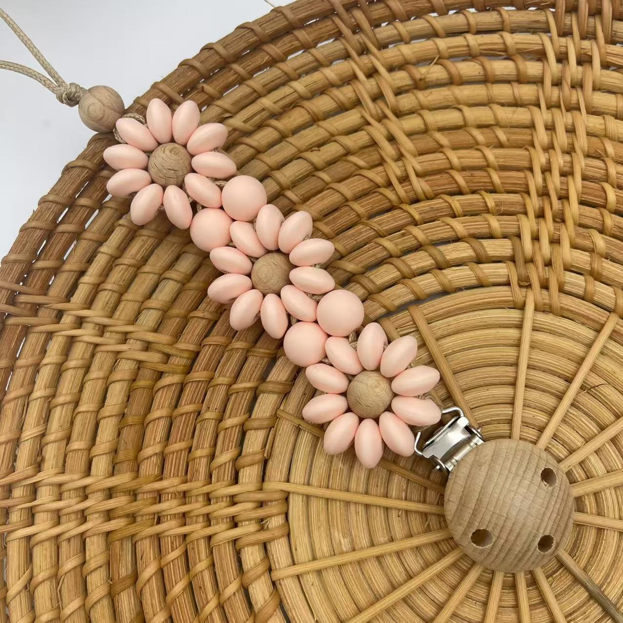 Soft Pink silicone beaded dummy clip with carved daisy detail