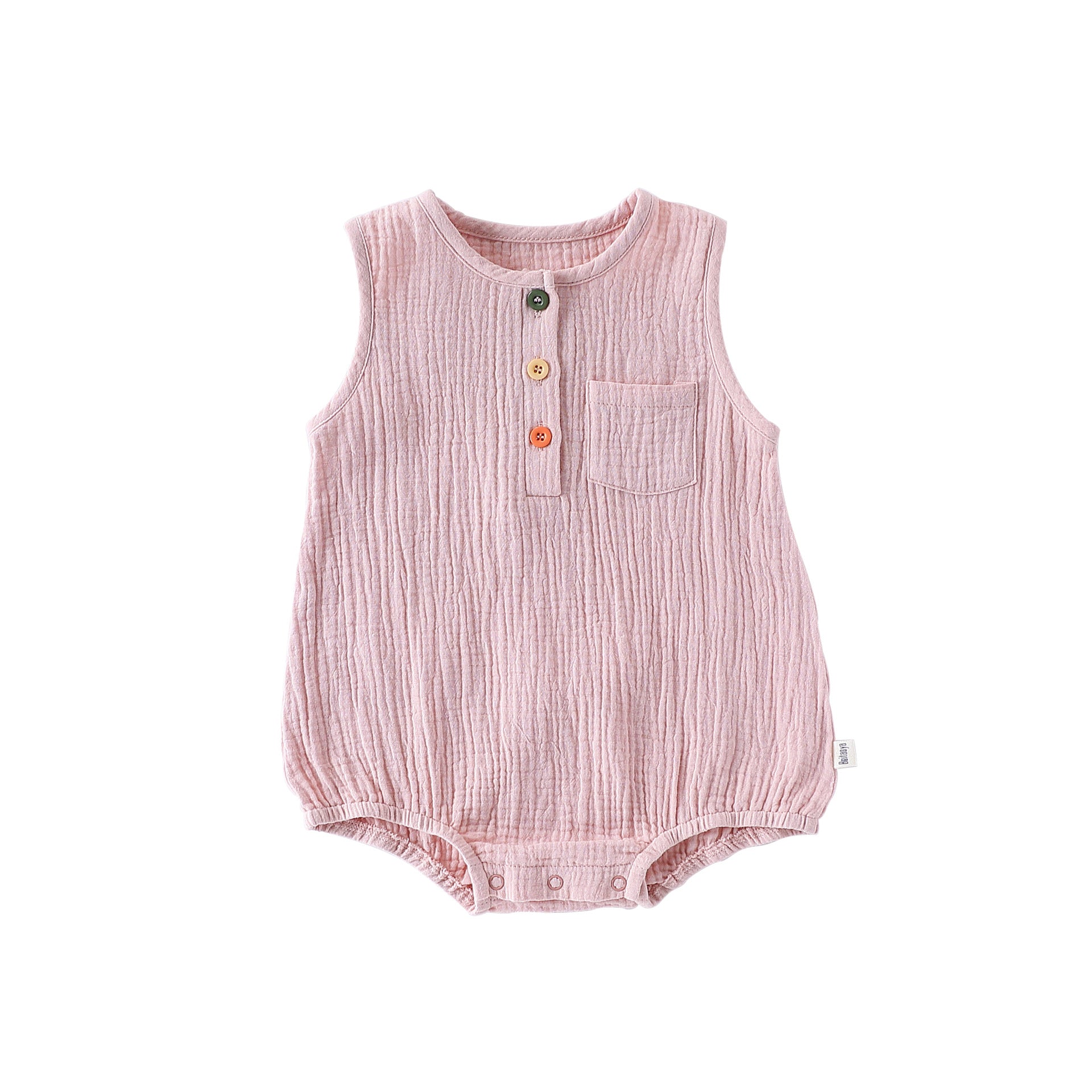 Pink sleeveless cotton baby bodysuit, flat lay