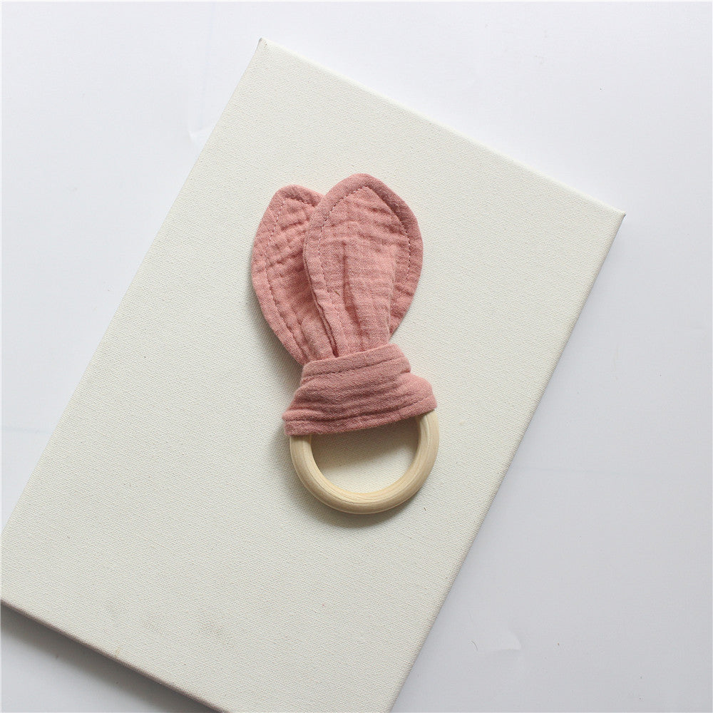 Dusty Pink wooden teething ring with cotton gauze bunny ears