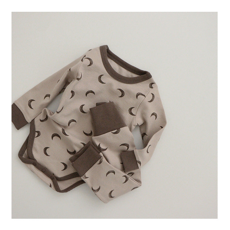 Khaki Moon print two piece baby set with long sleeve top and high waist trousers