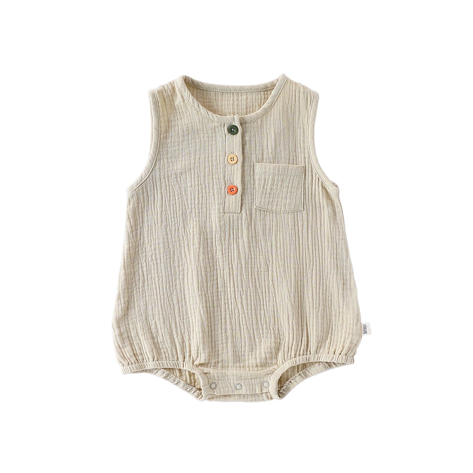 Pea Green sleeveless cotton baby bodysuit, flat lay
