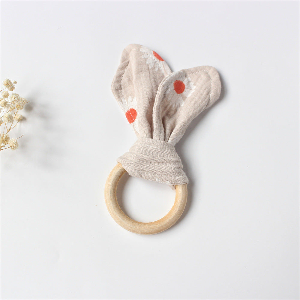 Daisy wooden teething ring with cotton gauze bunny ears