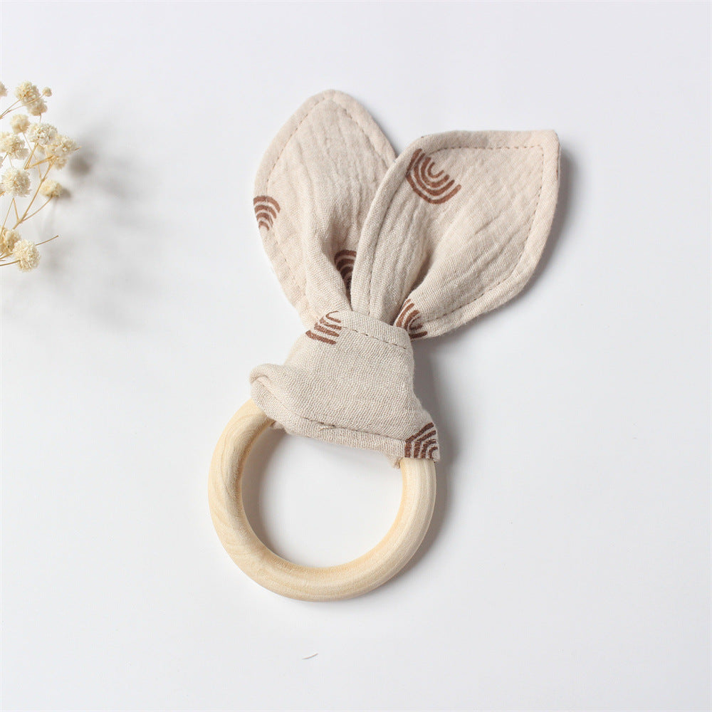 Little Rainbow wooden teething ring with cotton gauze bunny ears