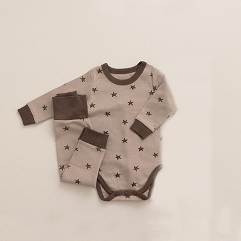 Khaki Star print two piece baby set with long sleeve top and high waist trousers