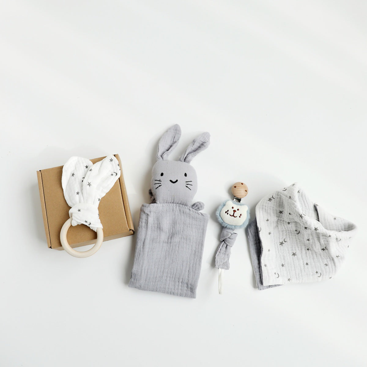 Grey Blue Cat boxed newborn gift set with comforter and bandana bib