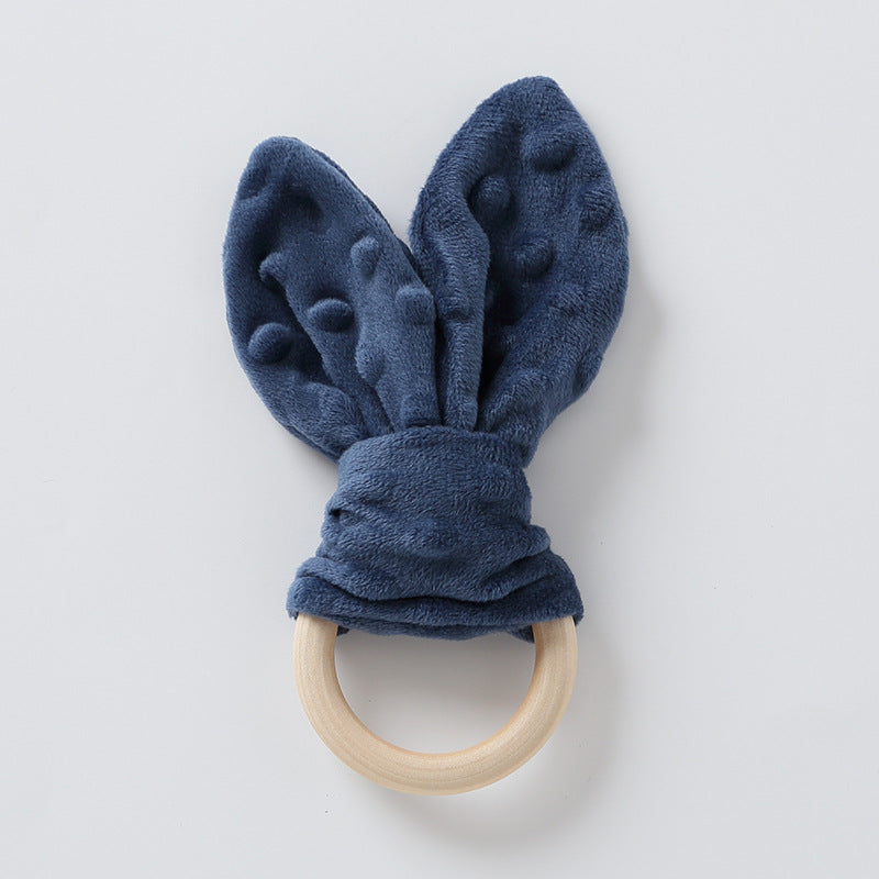 Royal Blue bunny ear plush baby comforter with wooden ring