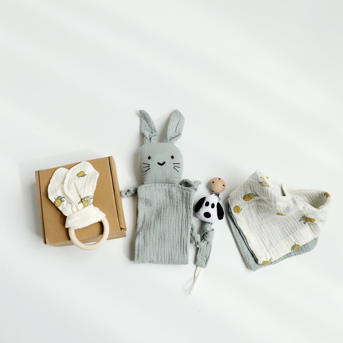 Pea Green Cat boxed newborn gift set with comforter and bandana bib