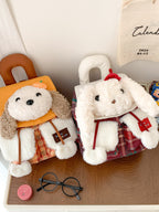 Plush Animal Mini Backpack | Gingham Drawstring Bag