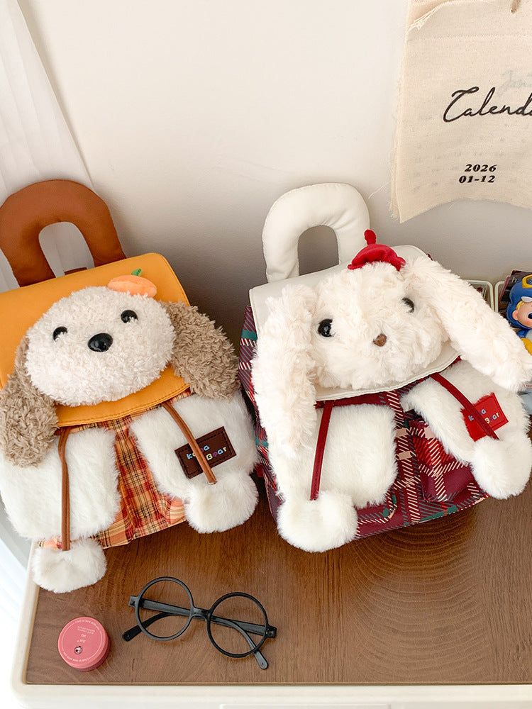 Plush Animal Mini Backpack | Gingham Drawstring Bag