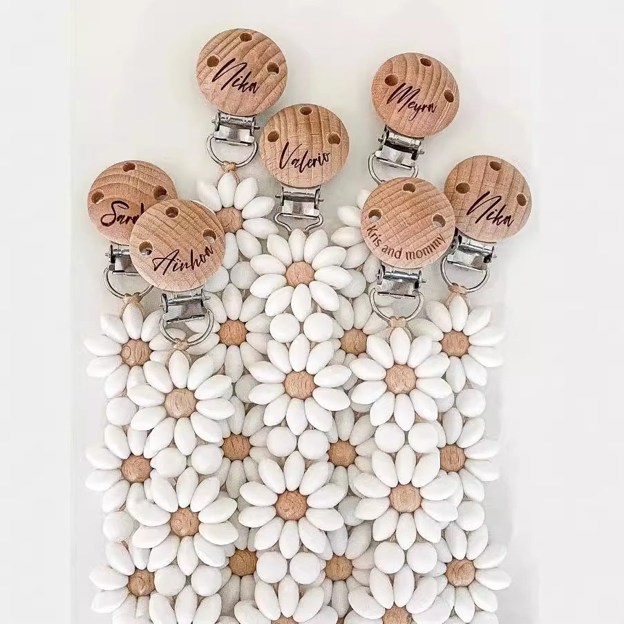 Silicone Daisy Dummy Clip, Beaded Soother Holder, detail of the stitching