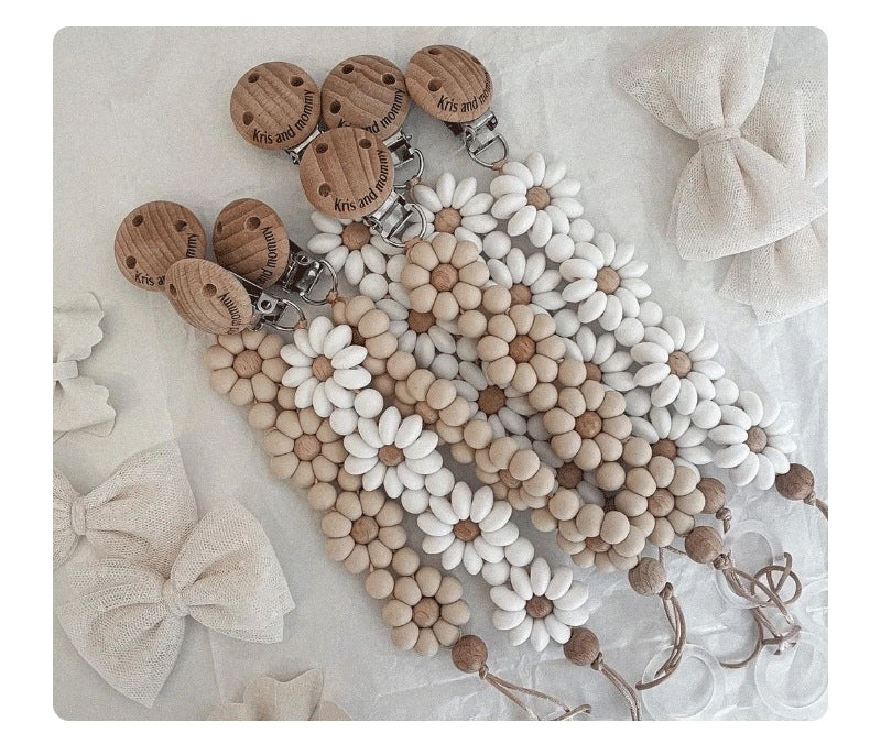 Silicone Daisy Dummy Clip, Beaded Soother Holder, front view