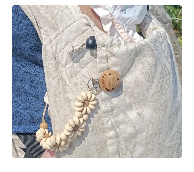 Silicone Daisy Dummy Clip, Beaded Soother Holder, close-up detail
