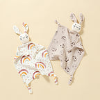 Whiskered Bunny Baby Comforter, Printed Muslin, styled on a shelf