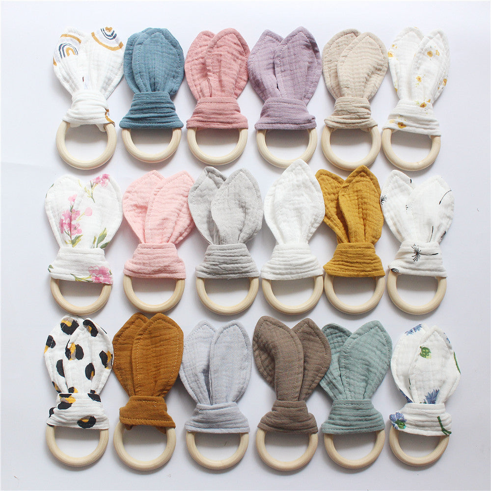 Wooden Teething Ring, Bunny Ear Cotton Gauze, front view