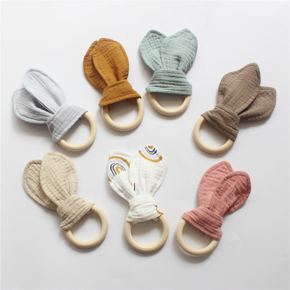 Wooden Teething Ring, Bunny Ear Cotton Gauze, front view